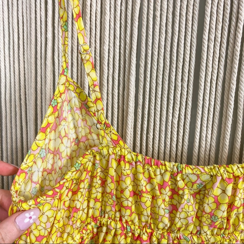 Dainty Floral Front Slit Yellow Sleeveless Mini Dress with Pockets Size Small - Picture 7 of 12